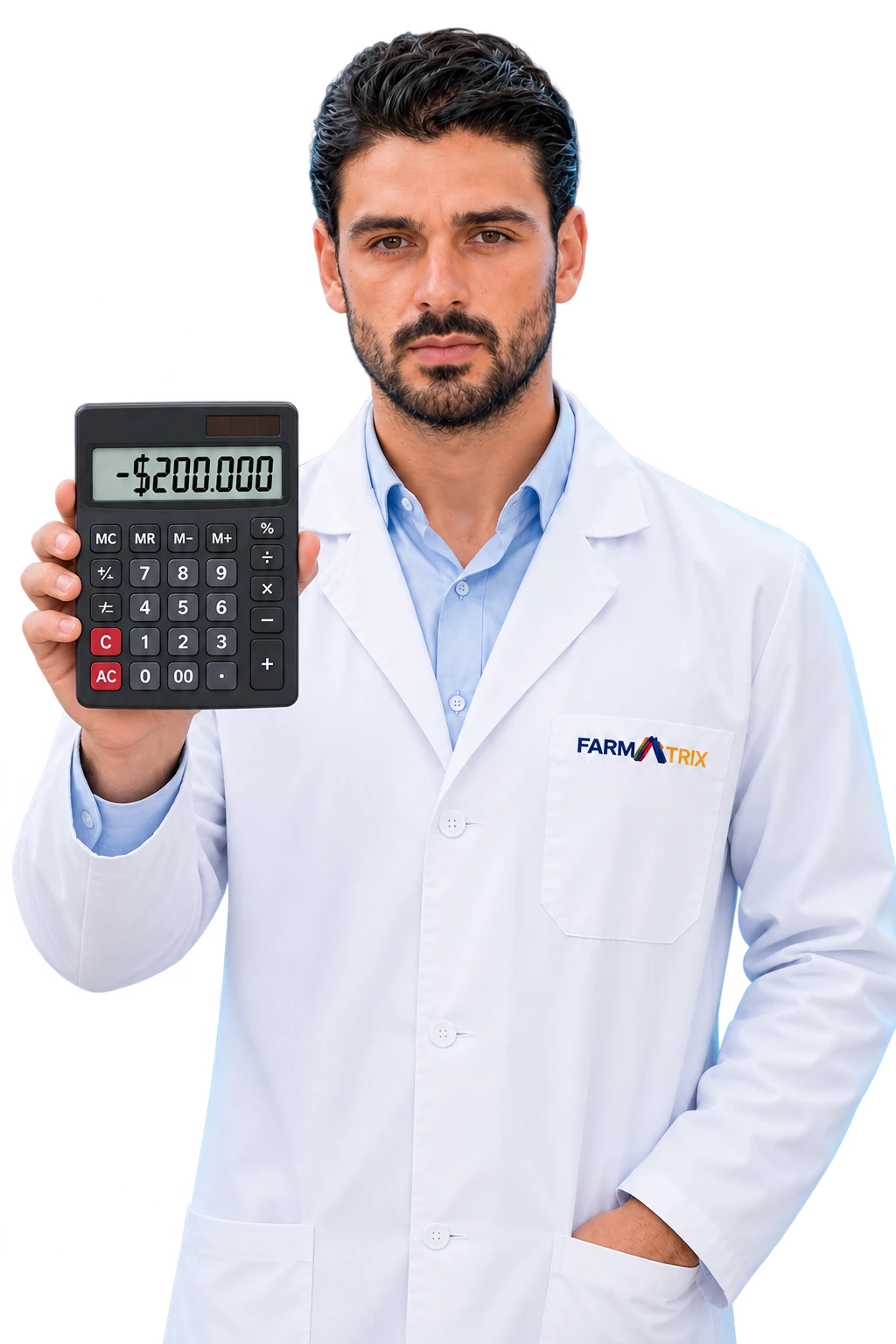 Avatar QF de Farmatrix mirando serio al frente y mostrando una calculadora con un ahorro de ejemplo de 200.000 pesos