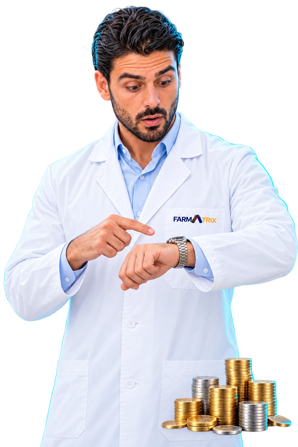 Avatar turco de Farmatrix mirando su reloj con expresión sorprendida, junto a monedas que representan ahorro