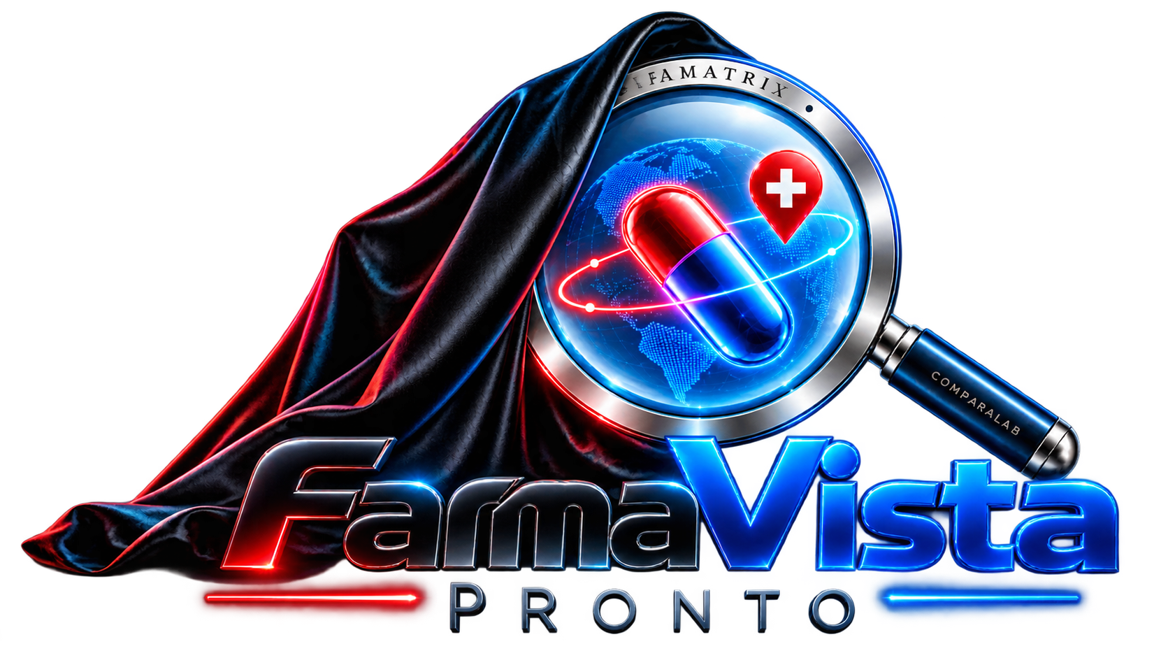 FarmaVista · Pronto, con una lupa futurista, cápsula roja y azul y ubicación farmacéutica