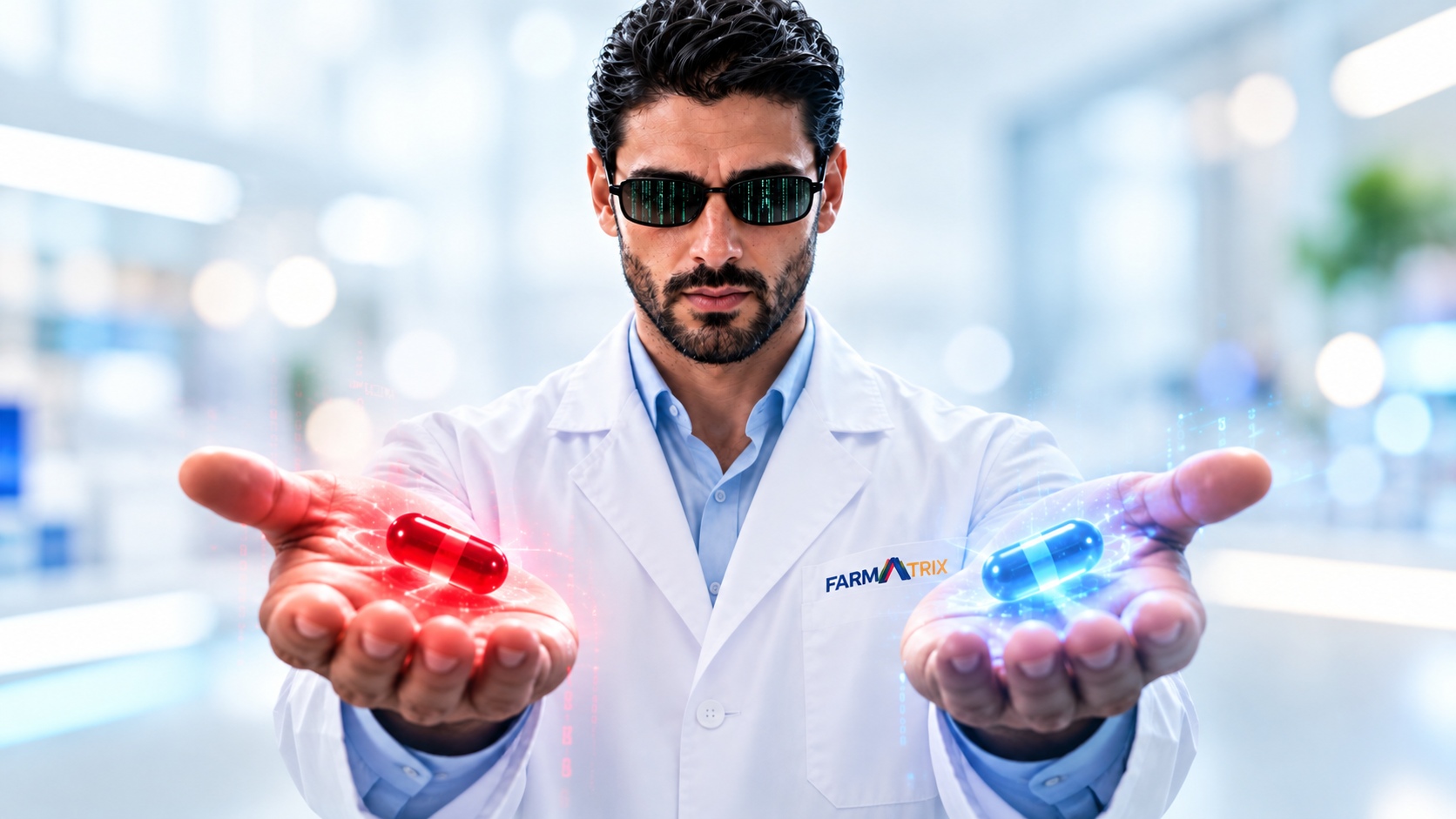 Profesional farmacéutico inspirado en Matrix, ofreciendo una cápsula roja y una azul